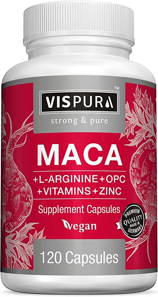 VISPURA Maca Root Capsules 5000 mg + L-Arginine, Vitamins B6 + B12, OPC and Zinc, Energy Boosting Formula* for Men and Women, 120 Vegan Tablets with Organic Maca Peruana Extract